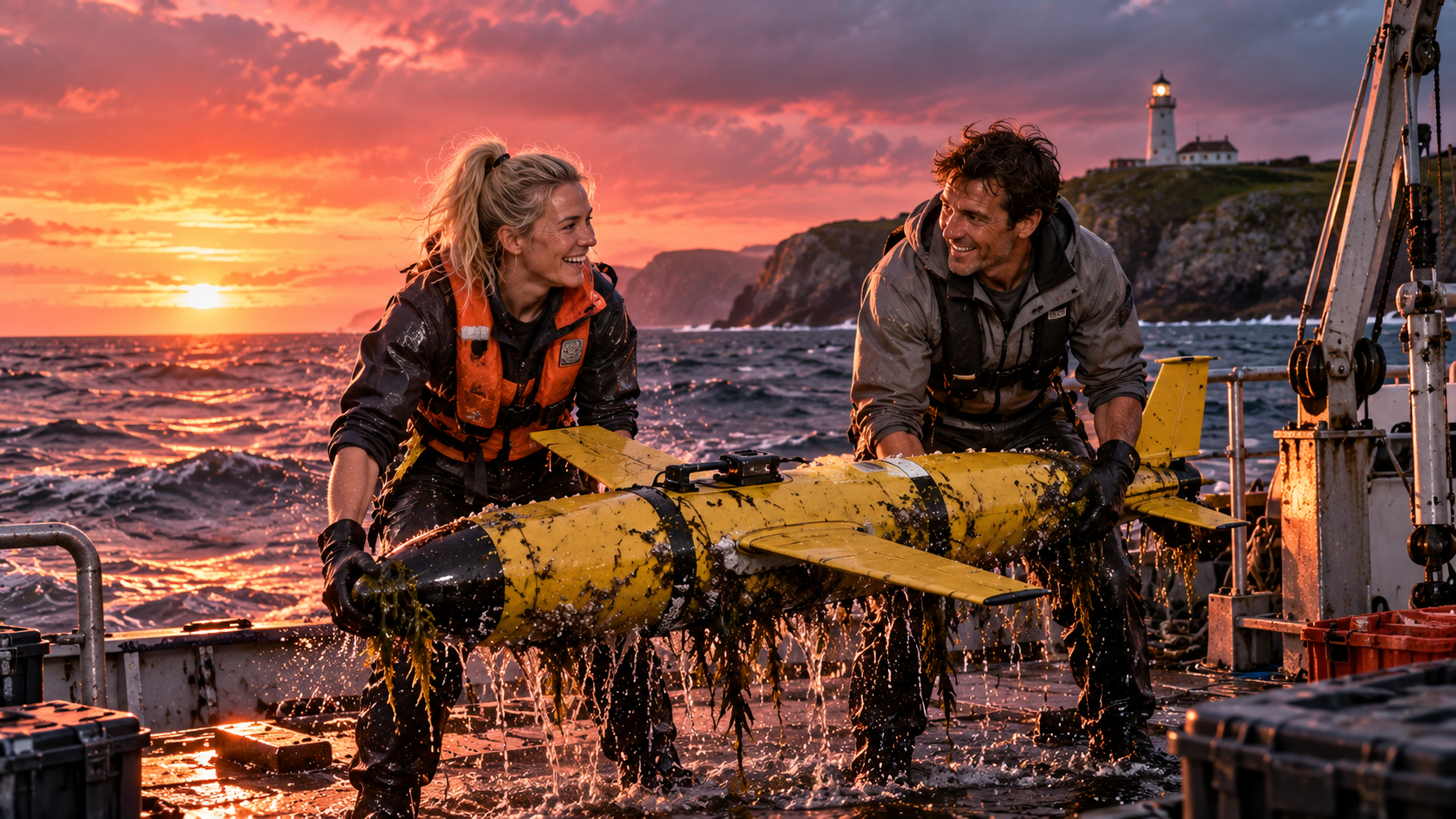 Across the ocean real test — scientists lifting a yellow underwater glider out of the sea off the coast of Spain