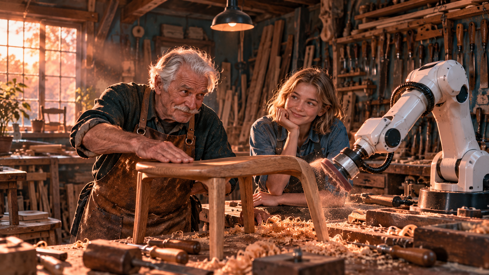 Across the ocean word building — an old carpenter and a robot arm working side by side in a wooden workshop