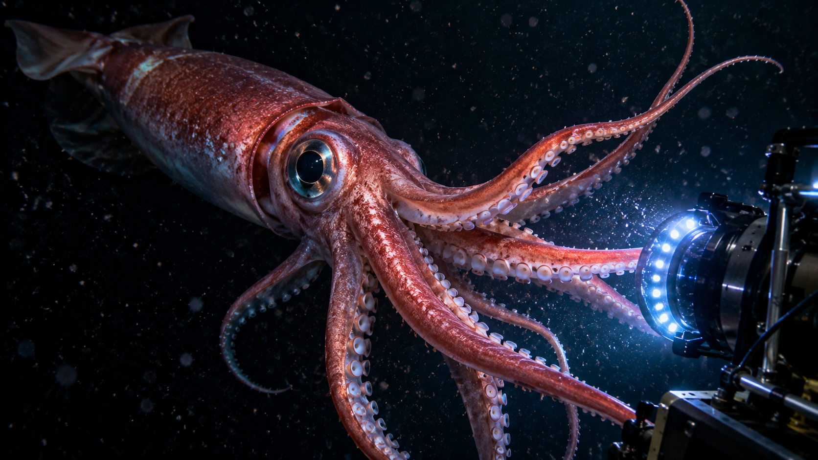 Monsters and superfoods real test — a giant squid reaching for a glowing deep-sea camera in the dark ocean