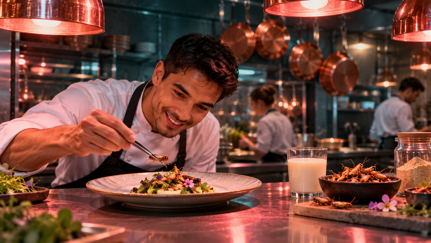 Monsters and superfoods word building — a young chef serving cricket snacks and a glass of insect milk in a modern kitchen