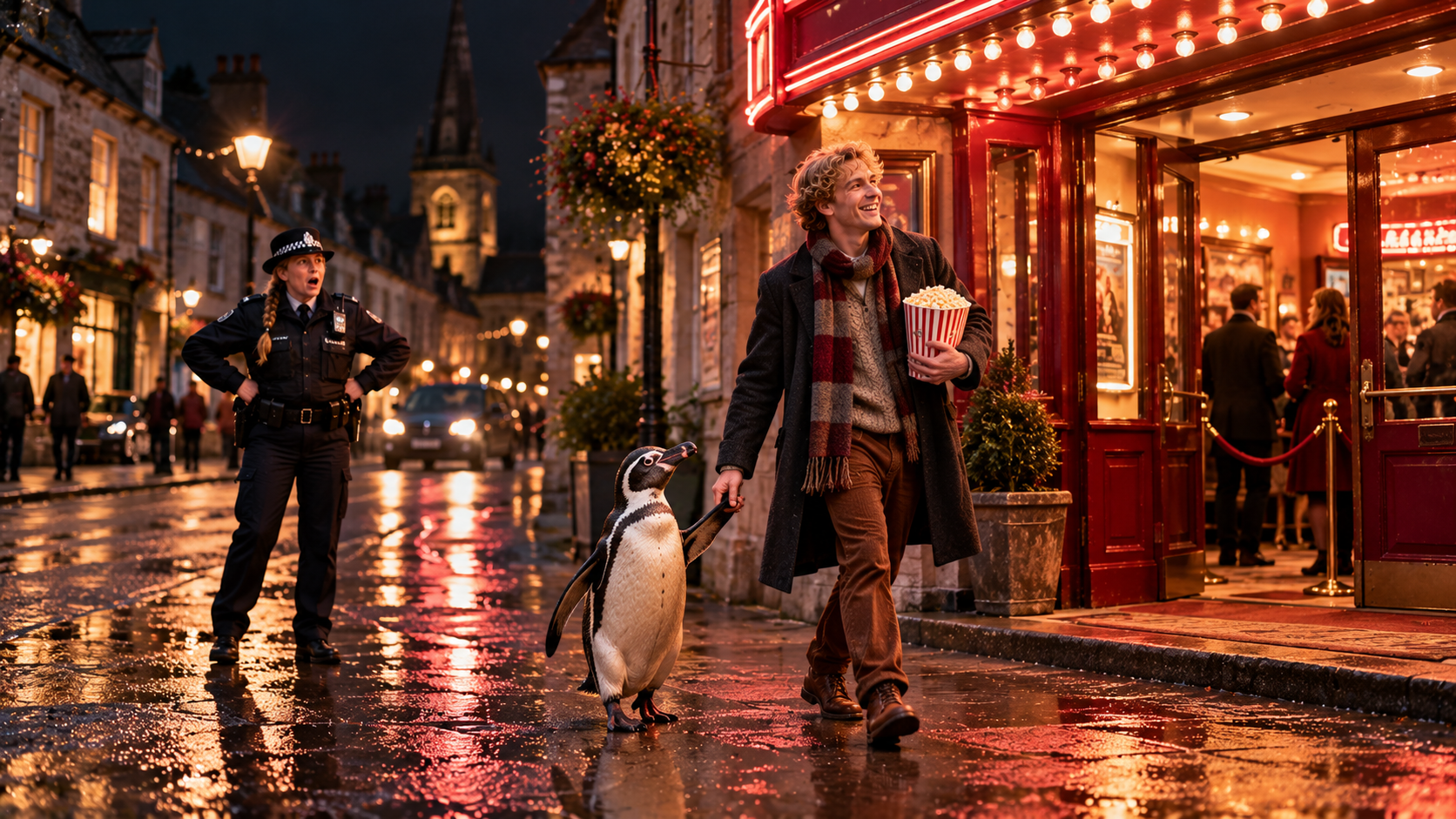 Funny stories real test — a young man and a penguin walking hand in hand towards a cinema