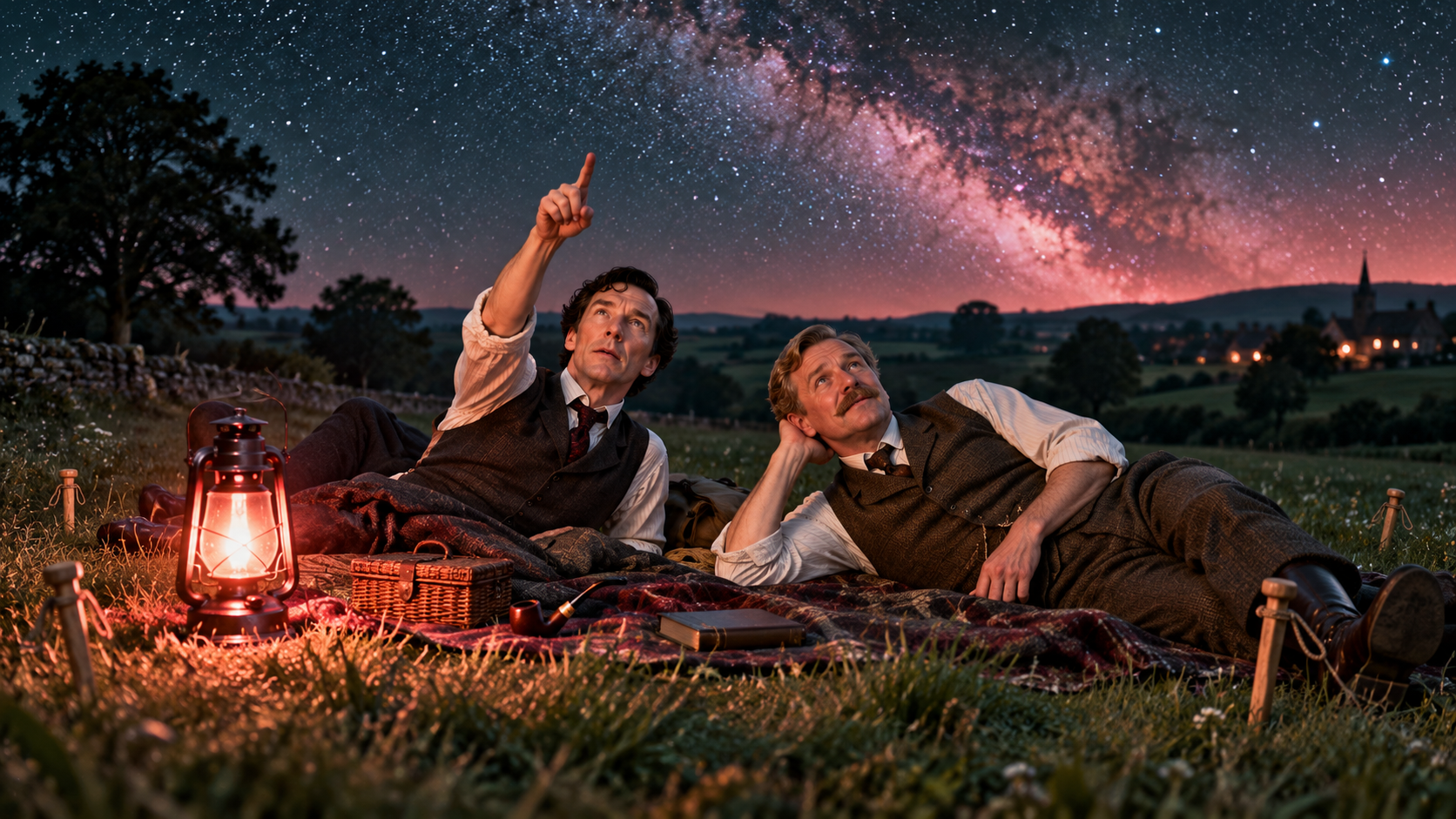 Funny stories word building — Sherlock Holmes and Doctor Watson lying by their tent under a starry sky