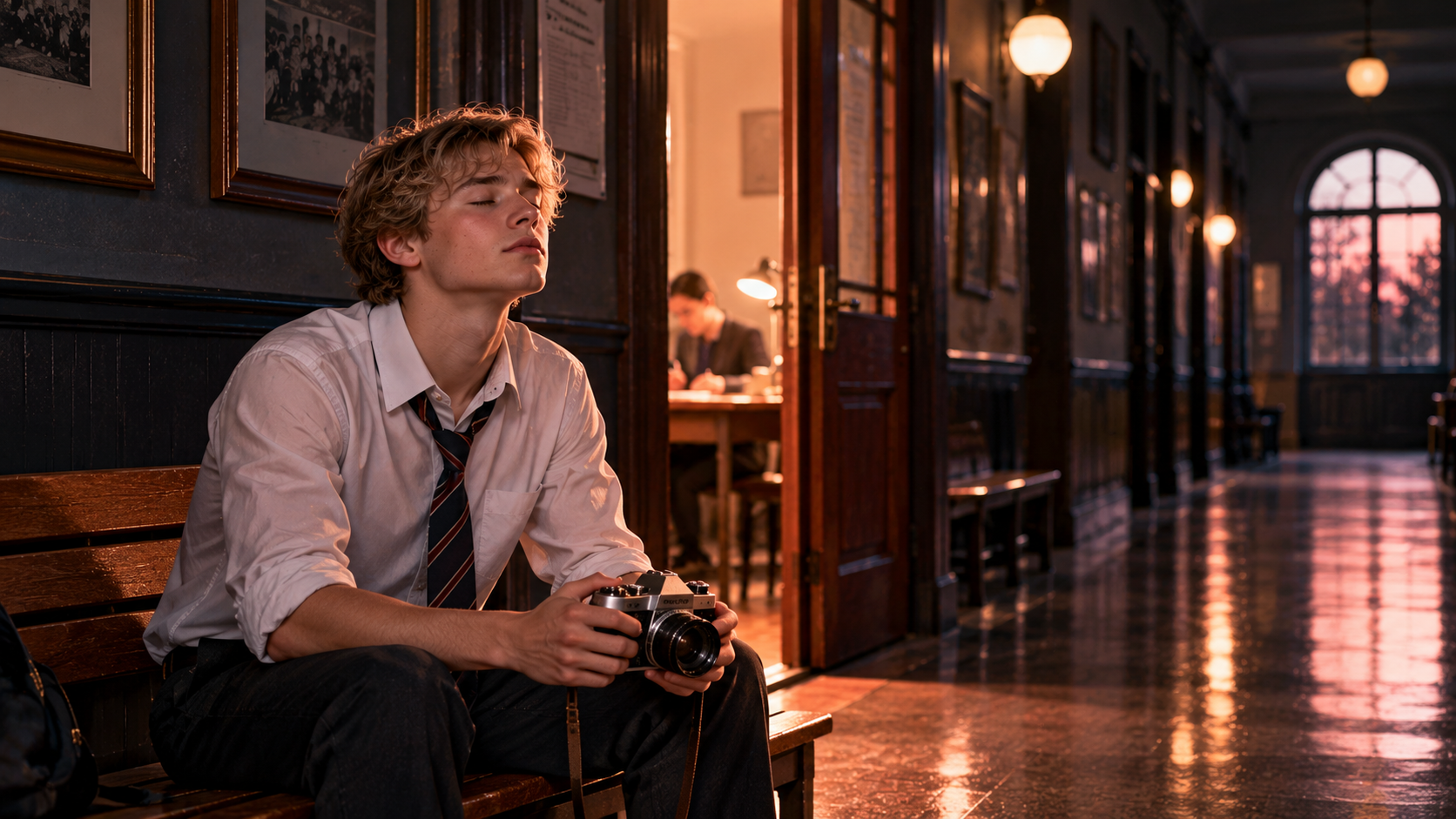 Simple answers real test — a nervous student taking a deep breath before a speaking exam, holding an old film camera