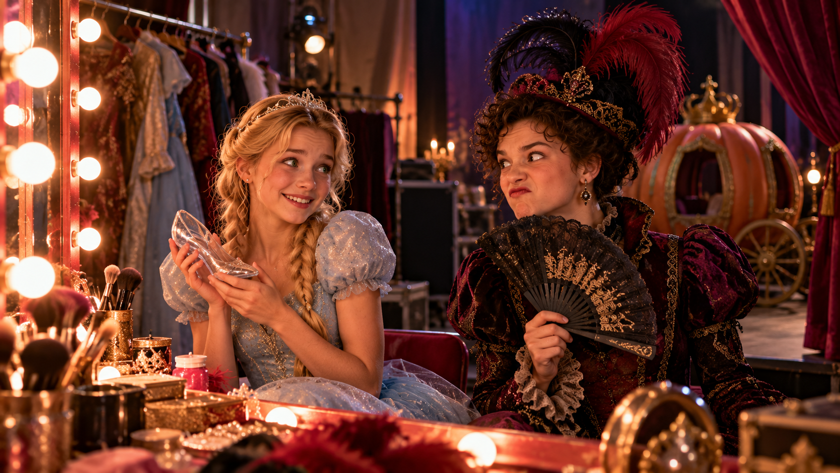 Simple answers practice — two schoolgirls in Cinderella costumes laughing backstage before a school play