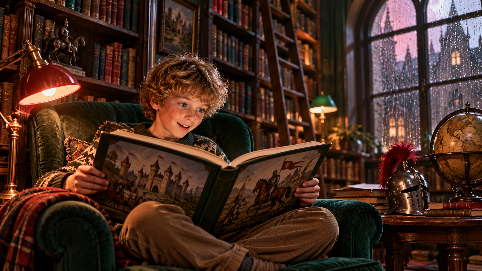 Simple answers word building — a boy reading a big illustrated book about medieval knights in a cosy library corner