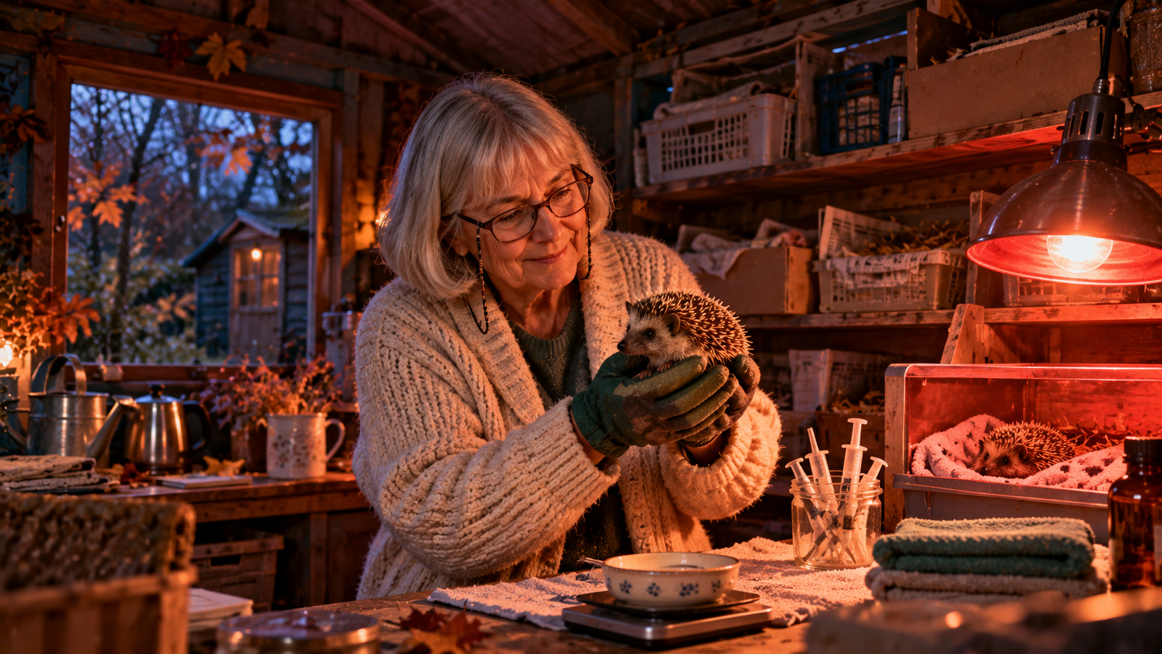 Rescue and care real test — a retired nurse holding a tiny hedgehog in her garden-shed hedgehog hospital