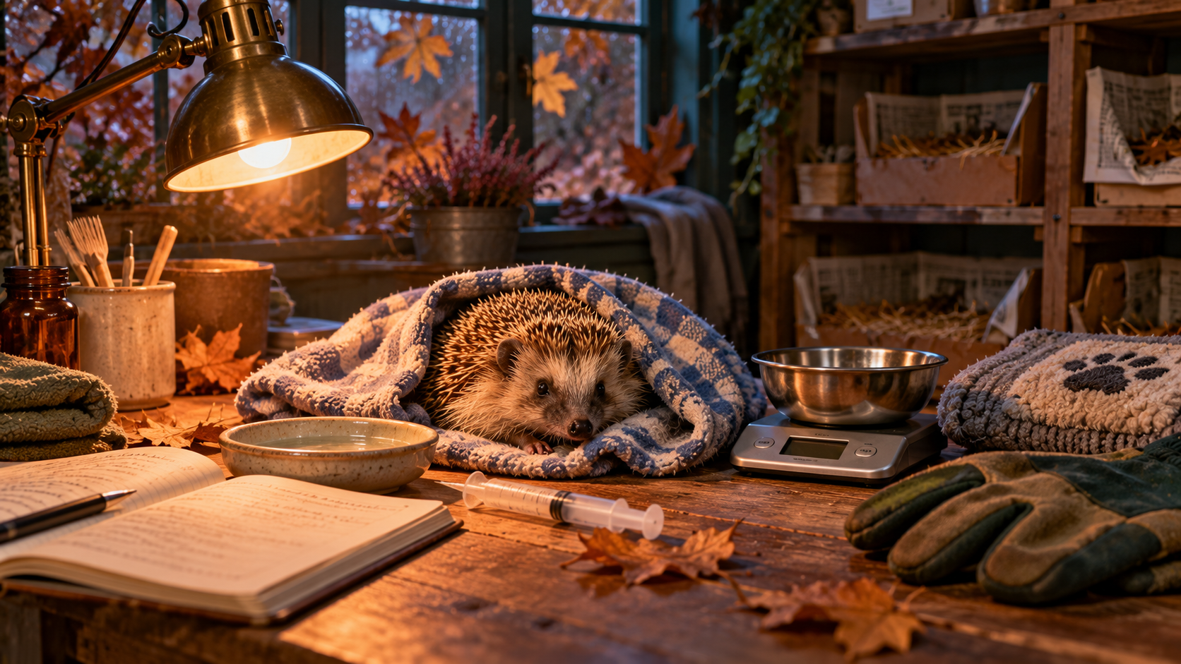Rescue and care word building — a hedgehog wrapped in a towel on a wooden table in a wildlife hospital, with a feeding syringe and a notebook
