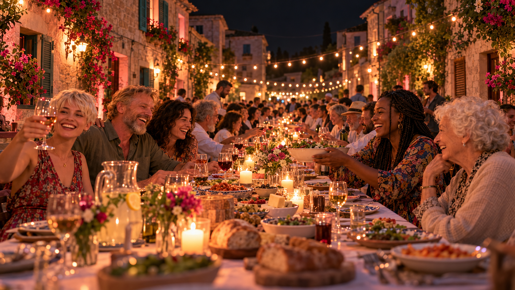 Bonds of friendship real test — friends and neighbours of all ages sharing a long outdoor dinner table under string lights