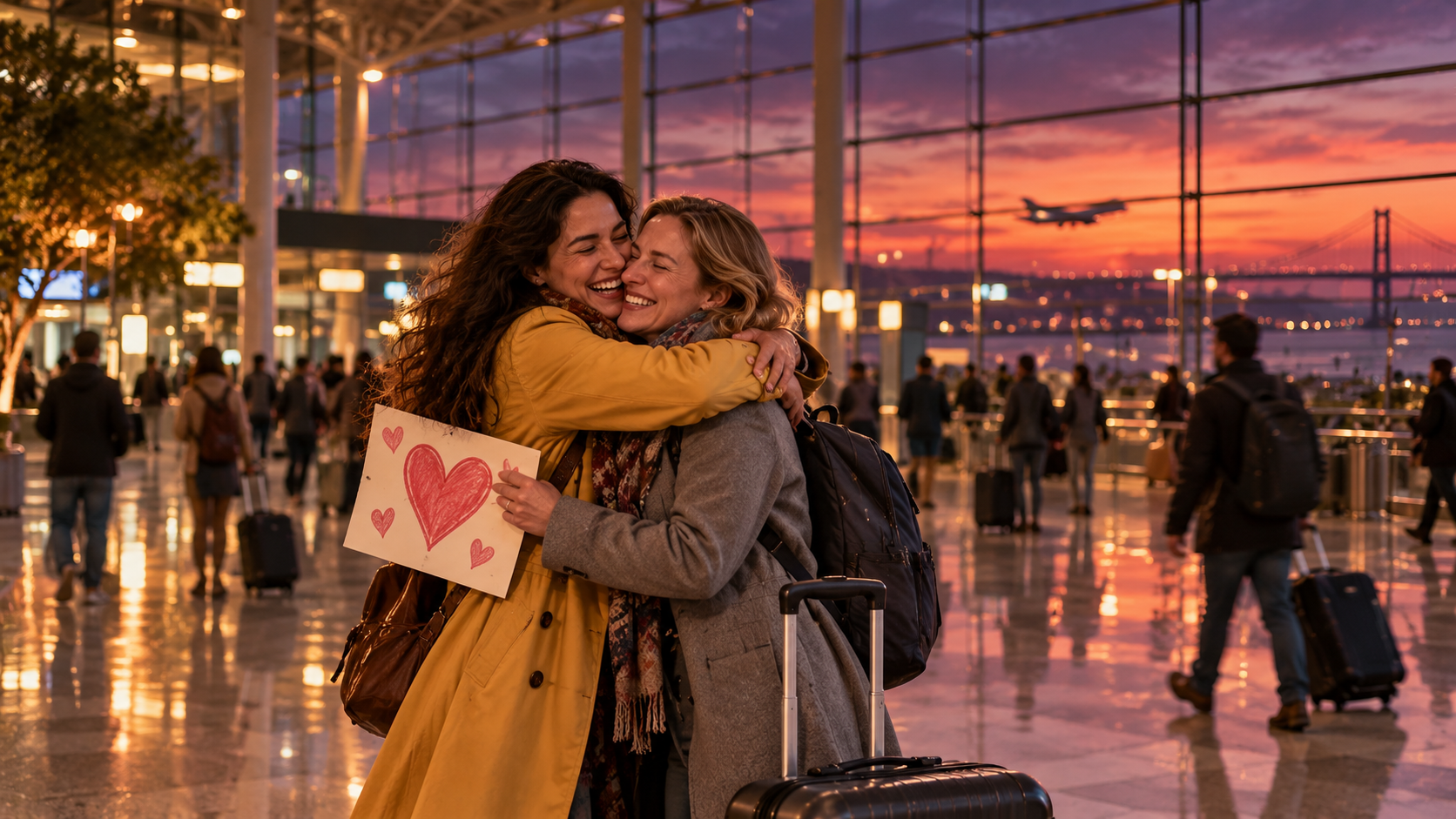 Bonds of friendship practice — two women pen friends hugging for the first time in a busy airport arrivals hall