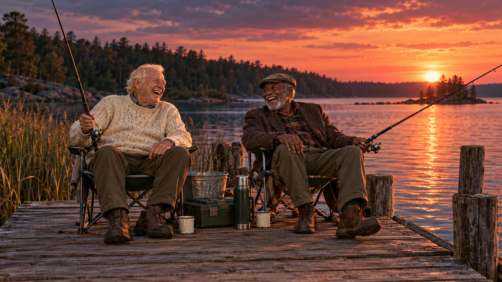 Bonds of friendship vocabulary — two old friends laughing as they fish together from a wooden pier at sunset