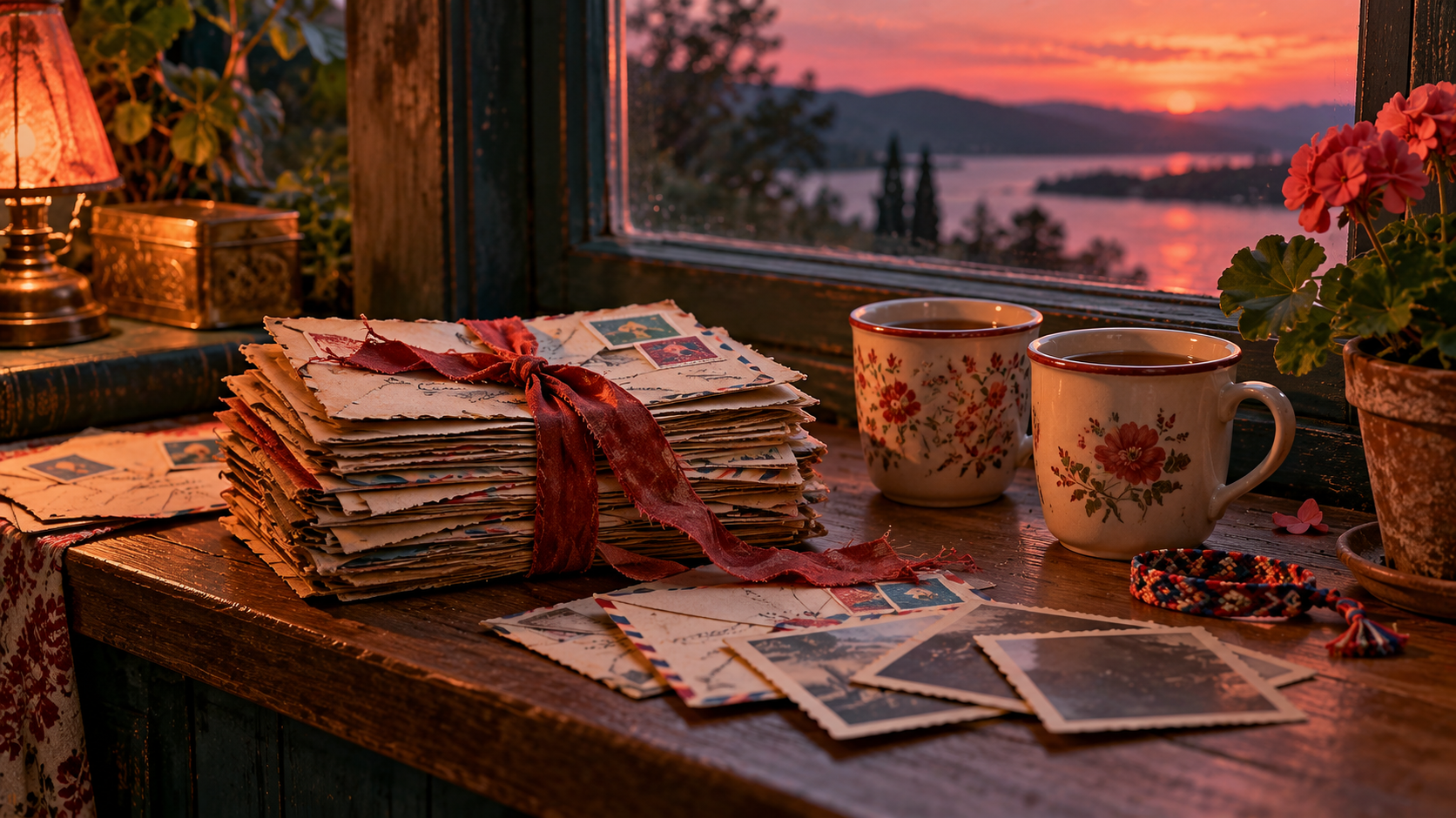 Bonds of friendship word building — a bundle of old letters tied with ribbon, foreign stamps, two mugs of tea and a friendship bracelet on a windowsill