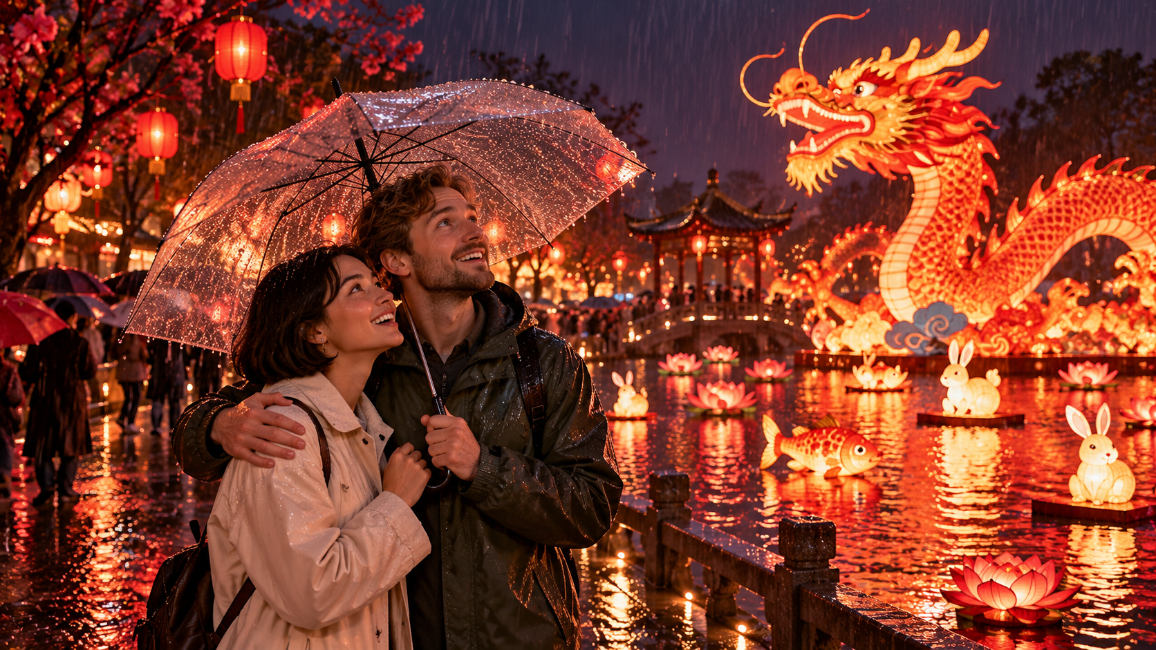 Holidays and festivals practice — a couple under an umbrella watching glowing lanterns at a festival in the rain