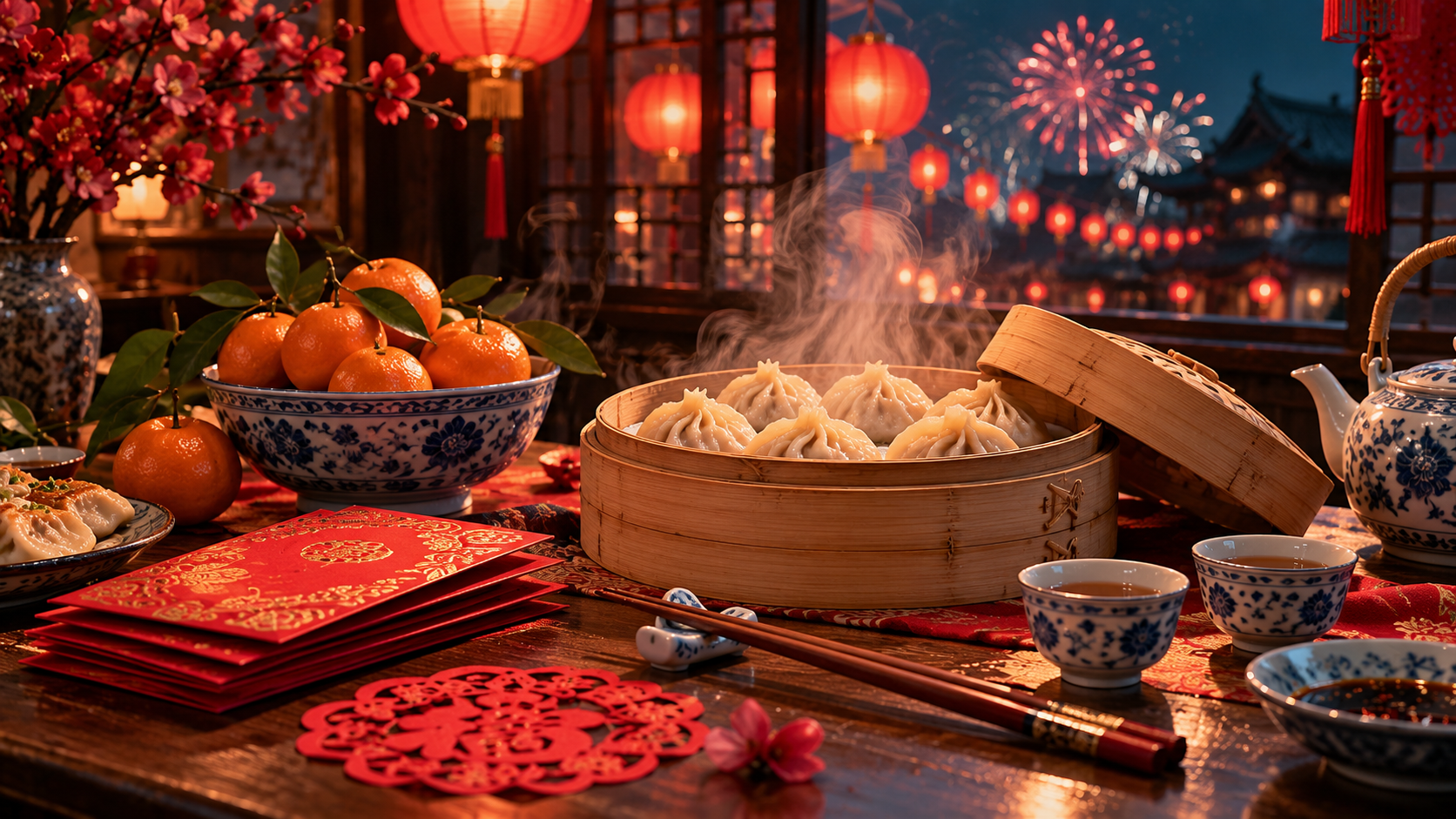 Holidays and festivals word building — red envelopes, dumplings, mandarins and paper cuttings on a festive table