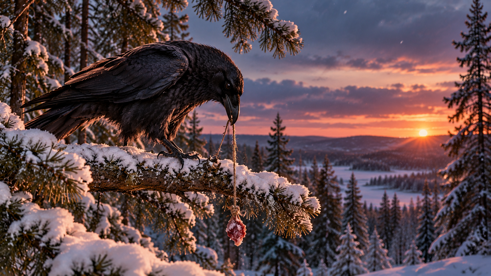 Clever animals real test — a raven pulling up a piece of food on a string in a snowy forest
