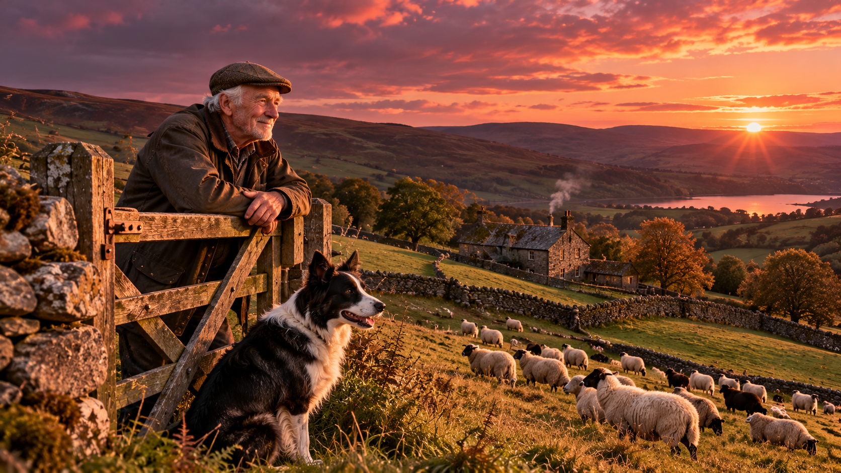 Clever animals practice — an old farmer and his border collie watching a flock of sheep on a green hillside