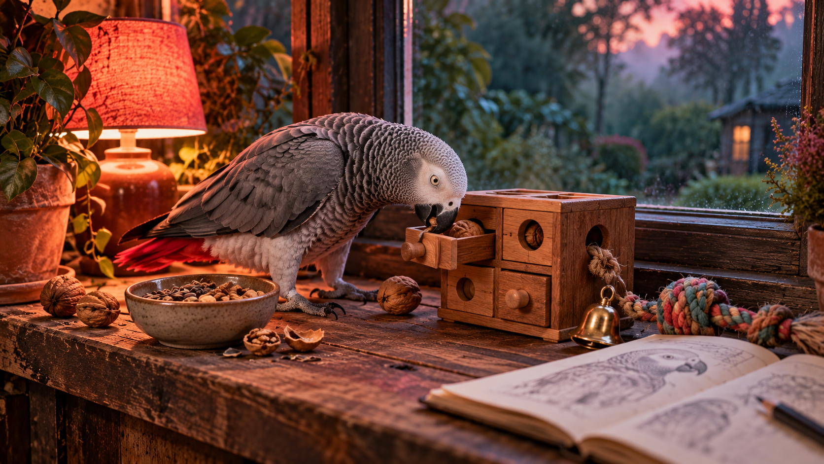 Clever animals word building — a puzzle feeder, a bowl of nuts and a notebook on a windowsill with an African grey parrot