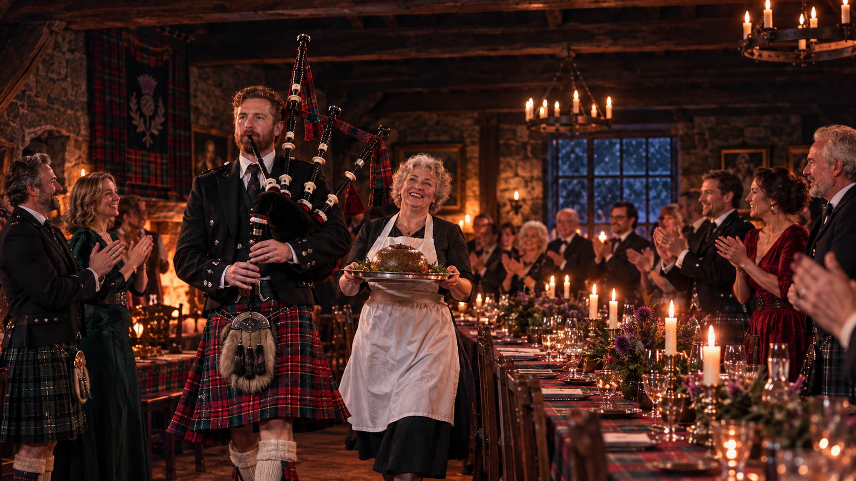Scottish traditions real test — a piper leads the cook carrying the haggis into a candlelit Burns supper