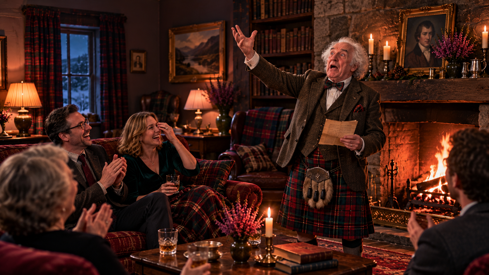 Scottish traditions practice — an old man reciting a poem by the fireplace while his family laughs