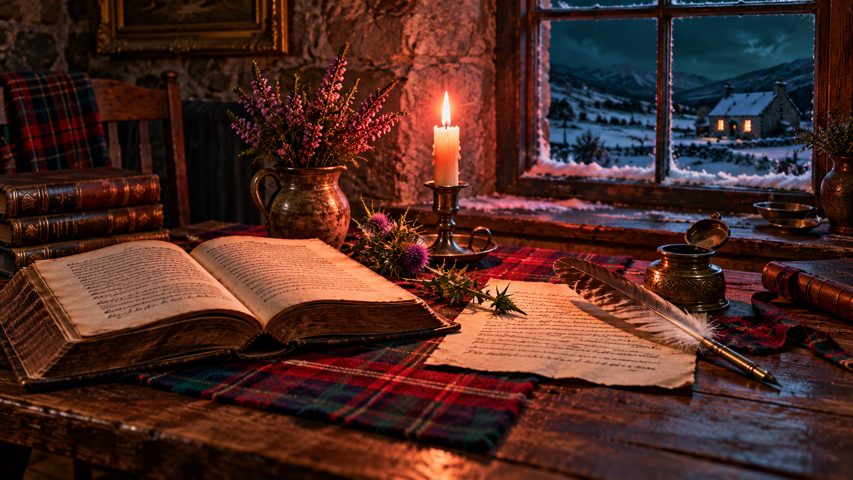 Scottish traditions word building — an old book of Burns poems, a quill pen, a thistle and a candle on a tartan cloth