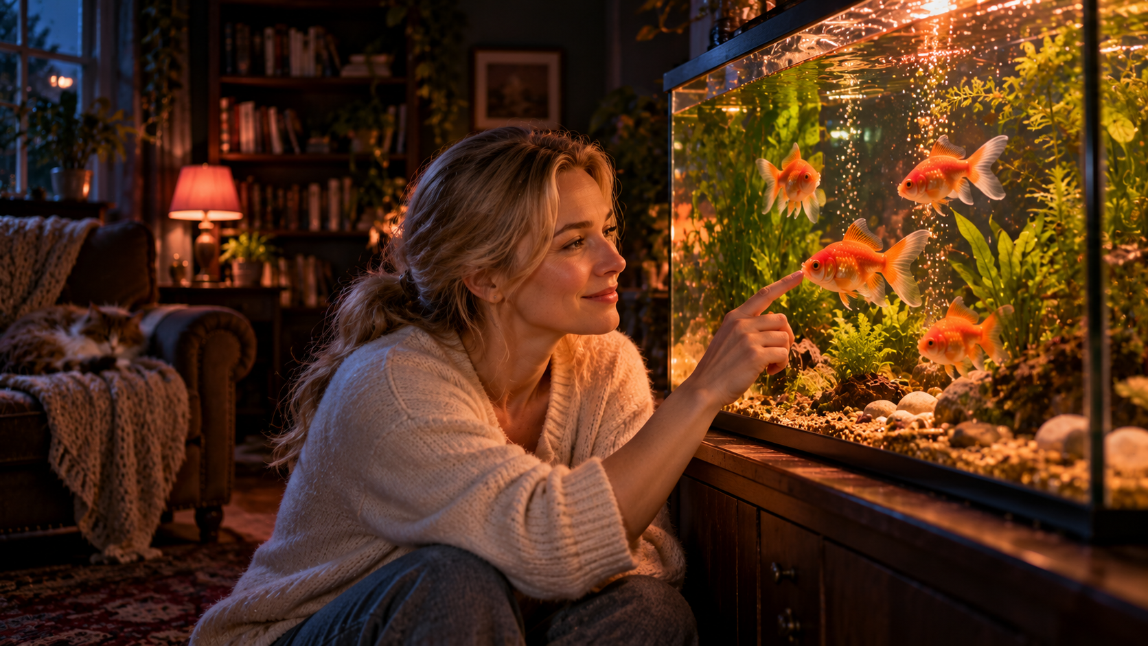 Facts and myths real test — a woman touching the glass of a large aquarium as goldfish swim up to her finger