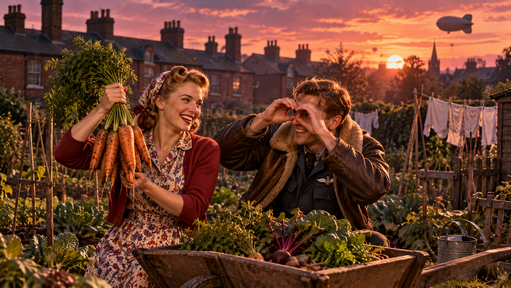 Facts and myths practice — a young woman and a pilot in the 1940s holding a bunch of carrots in a wartime vegetable garden