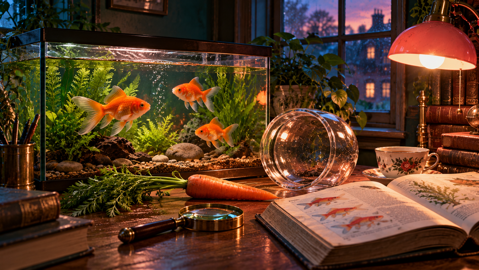 Facts and myths word building — a goldfish in a big planted aquarium next to an empty round bowl, a carrot and a magnifying glass