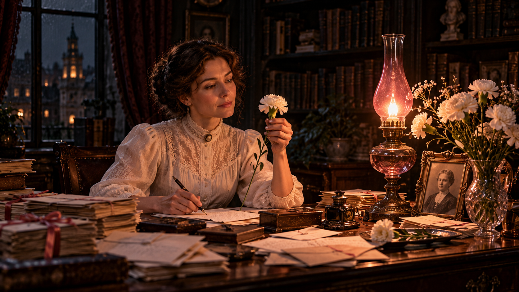 Special days real test — a woman in an early 1900s dress holding a white carnation at her desk covered with letters