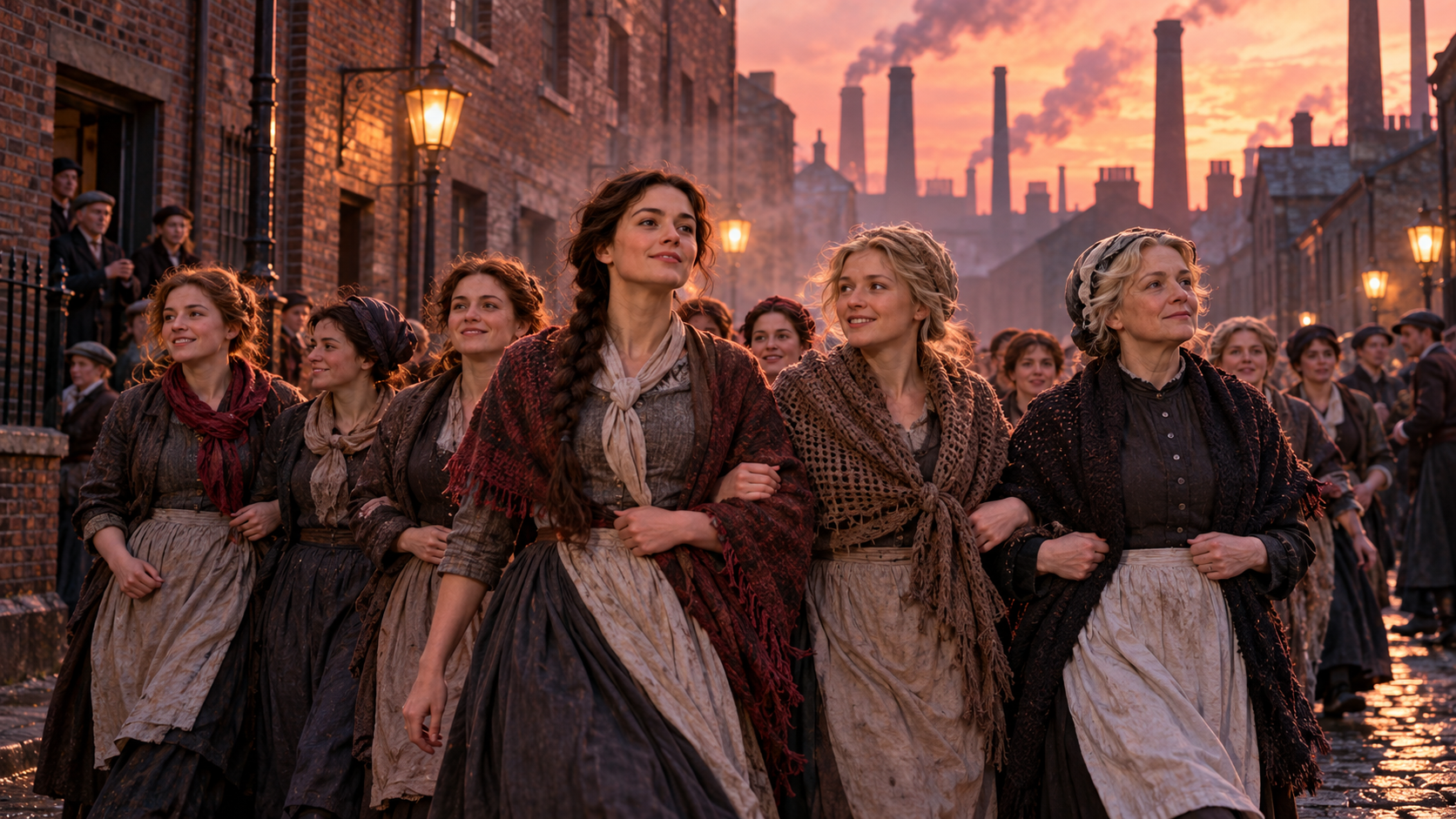 Special days practice — women workers of a London match factory in 1888 marching arm in arm down a cobbled street