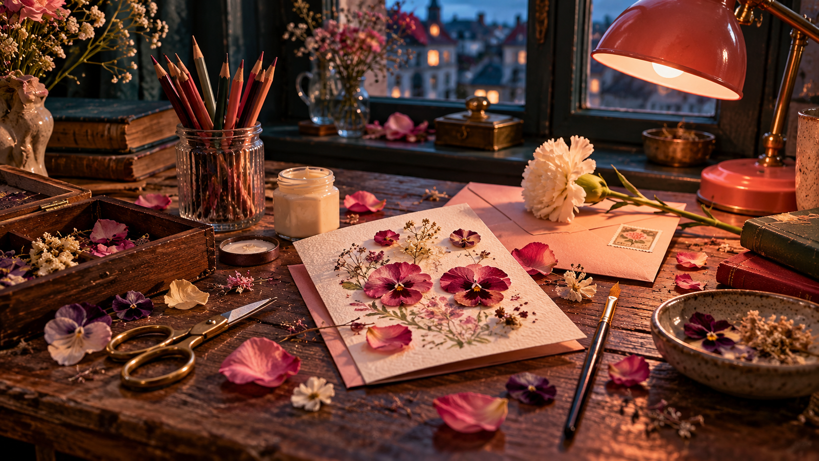 Special days word building — a handmade greeting card, pressed flowers, coloured pencils and an envelope on a wooden desk