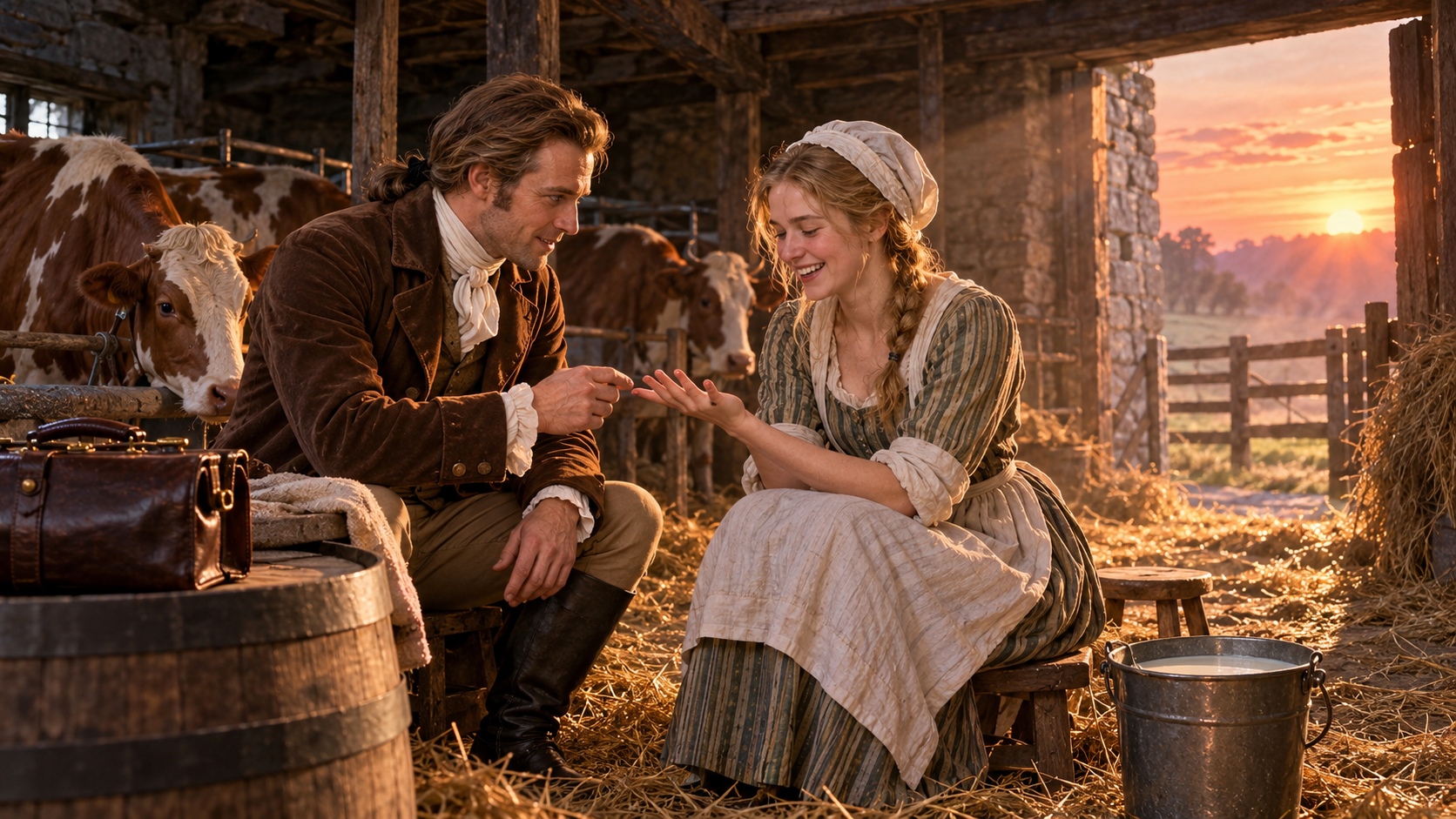 Medical breakthroughs real test — a country doctor in 1796 talking to a milkmaid in a sunlit cowshed in Gloucestershire