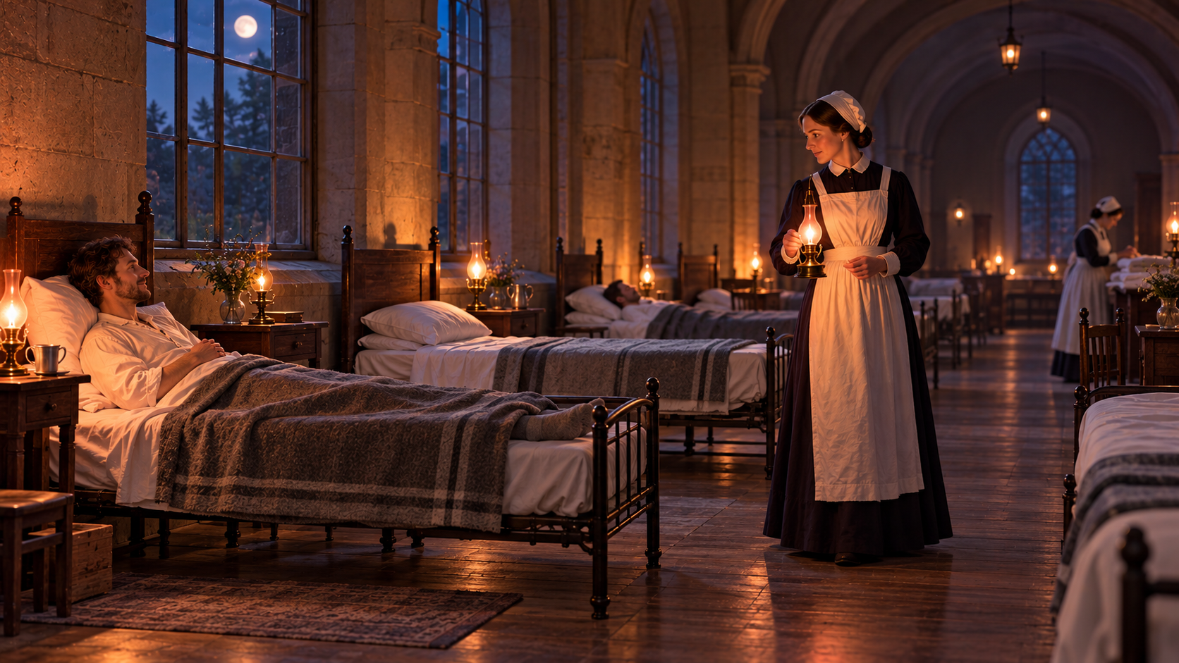 Medical breakthroughs practice — Florence Nightingale with her lamp walking between the beds of a military hospital at night