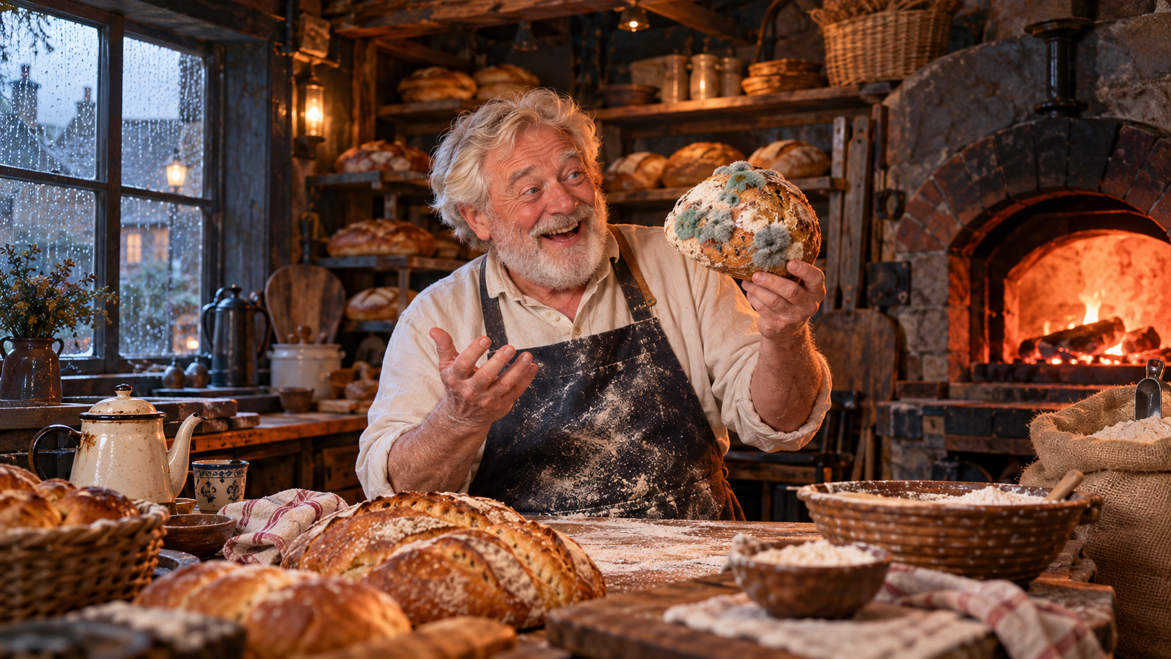 Medical breakthroughs vocabulary — an elderly baker in a rustic kitchen laughing at a forgotten loaf covered in blue-green mould