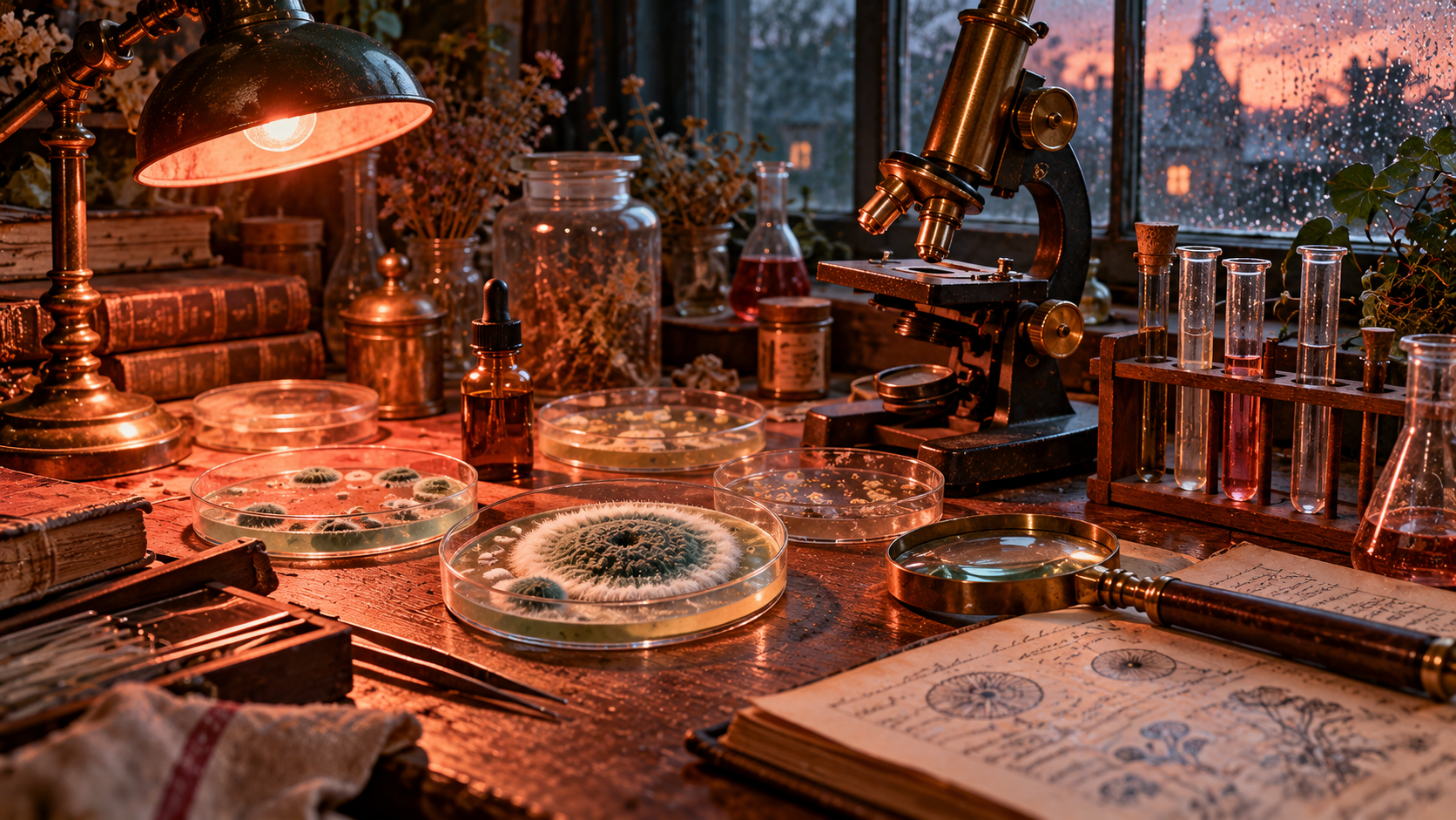 Medical breakthroughs word building — glass Petri dishes with blue-green mould, an old brass microscope and handwritten notes on a laboratory bench