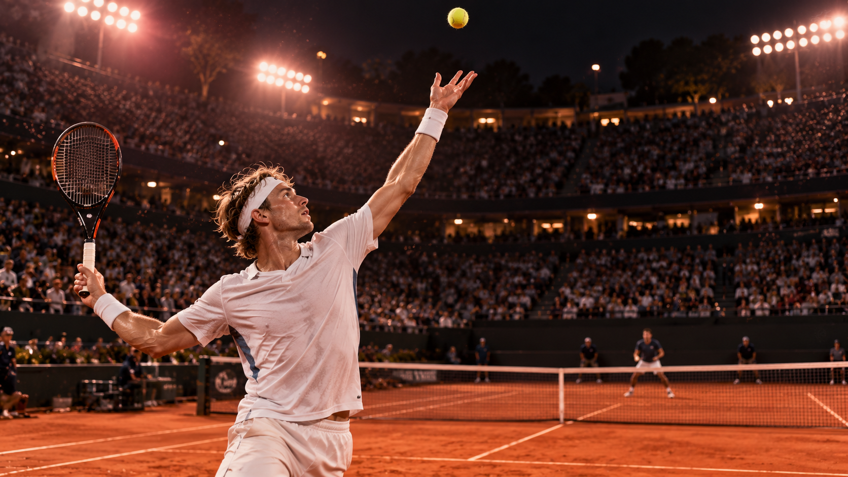 Born different real test — a left-handed tennis player serving on a clay court in a packed stadium