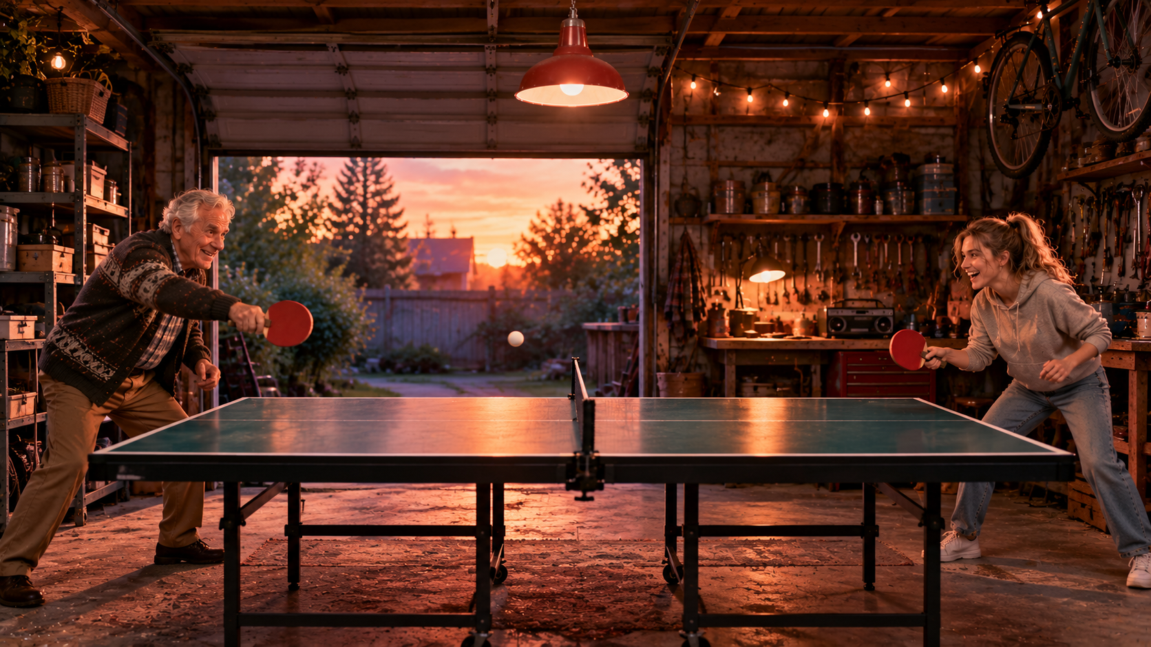 Born different practice — a grandfather playing table tennis with his left hand against his grown-up granddaughter in a garage