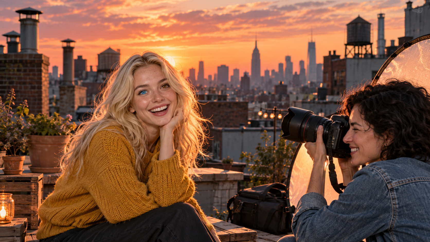 Born different vocabulary — a photographer taking a close portrait of a smiling woman with one blue eye and one brown eye on a city rooftop