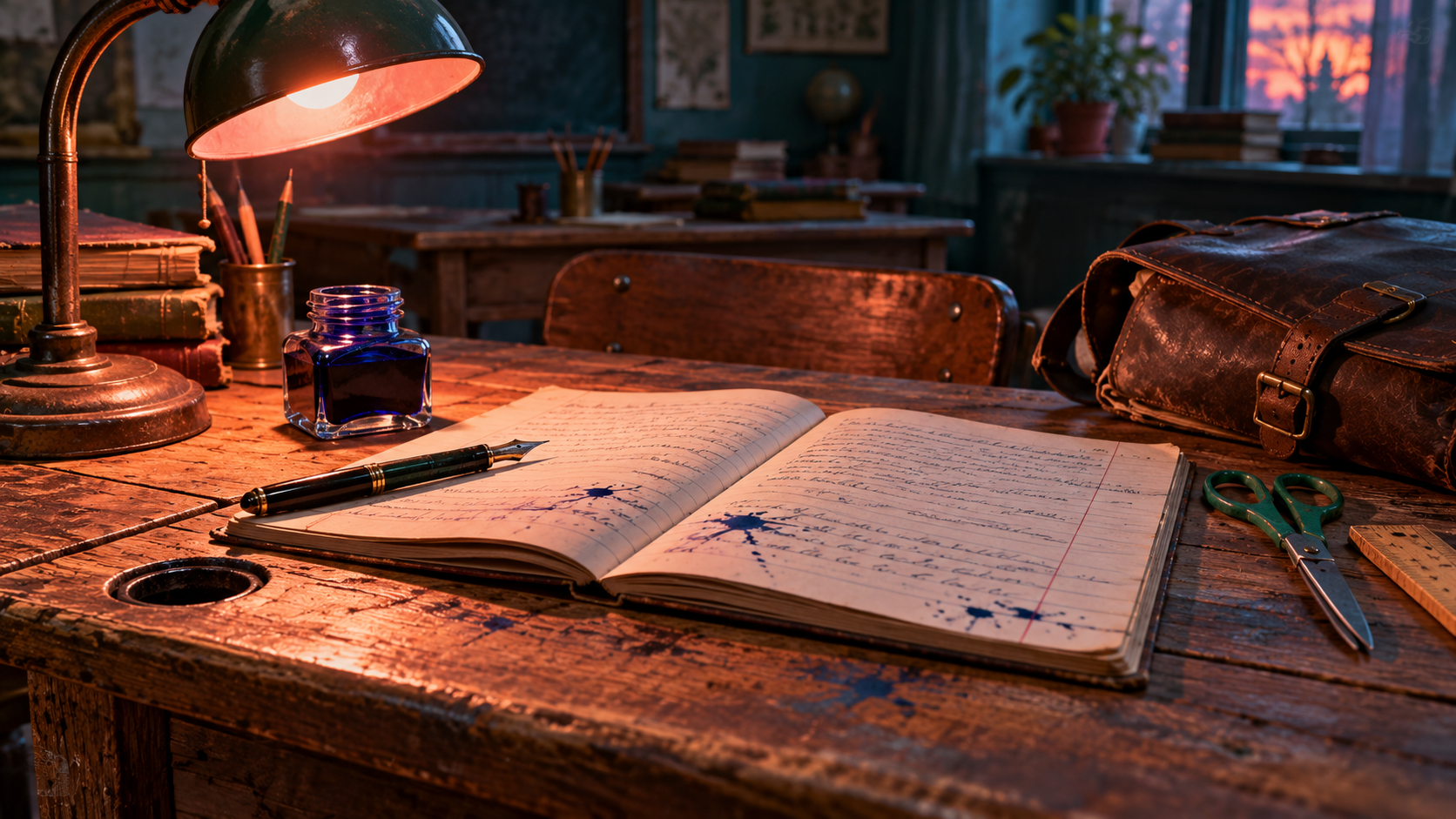Born different word building — an old school desk with a fountain pen, ink smudges on a copybook written by a left hand, and a left-handed pair of scissors