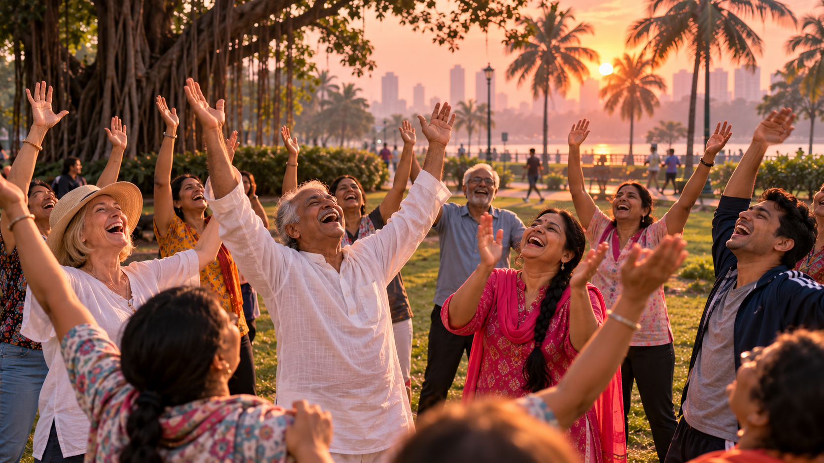Smiles and laughter real test — a laughter yoga club laughing with their arms raised in a park in Mumbai at sunrise