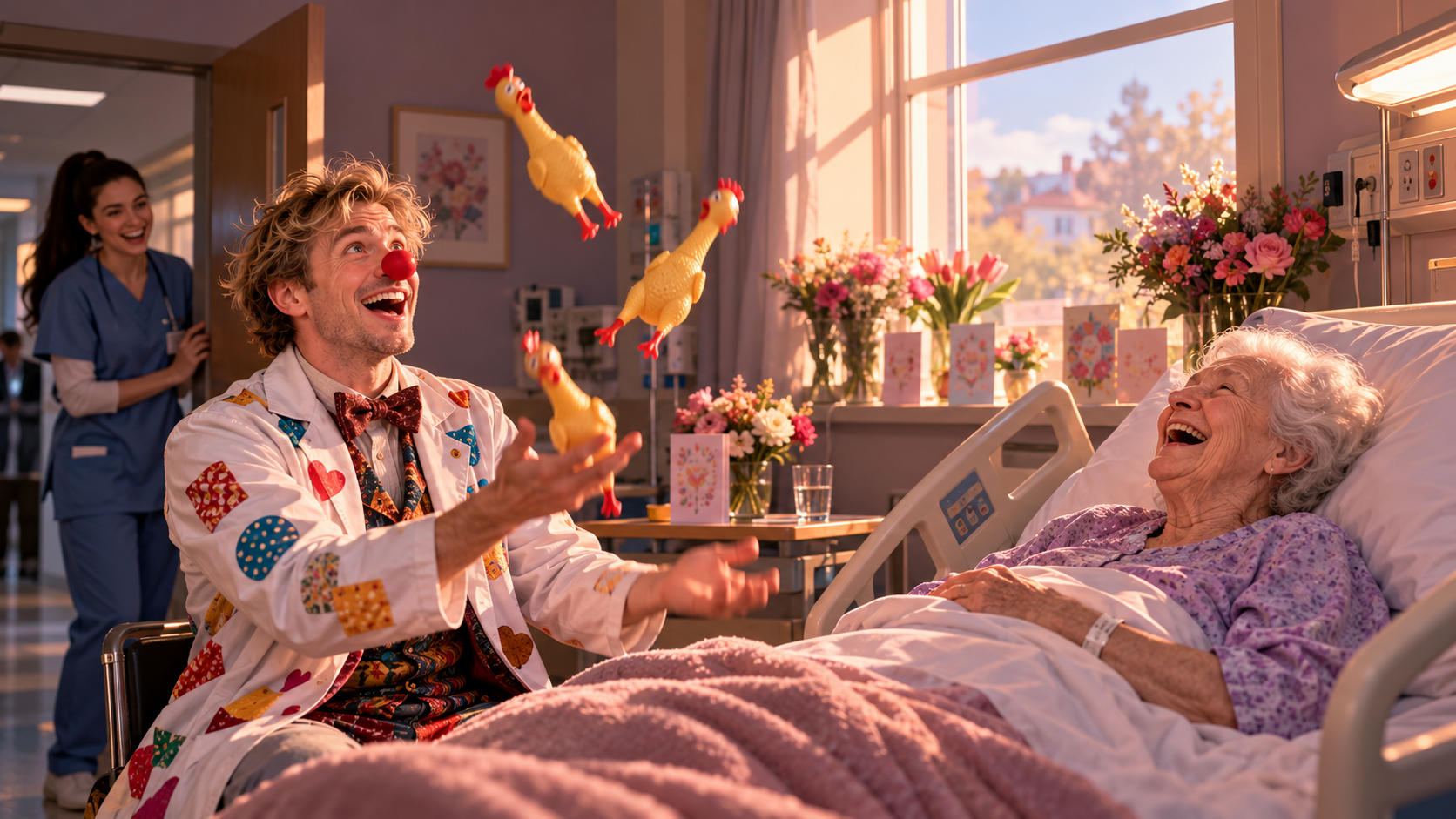 Smiles and laughter practice — a hospital clown with a red nose juggling for a laughing elderly patient and a nurse