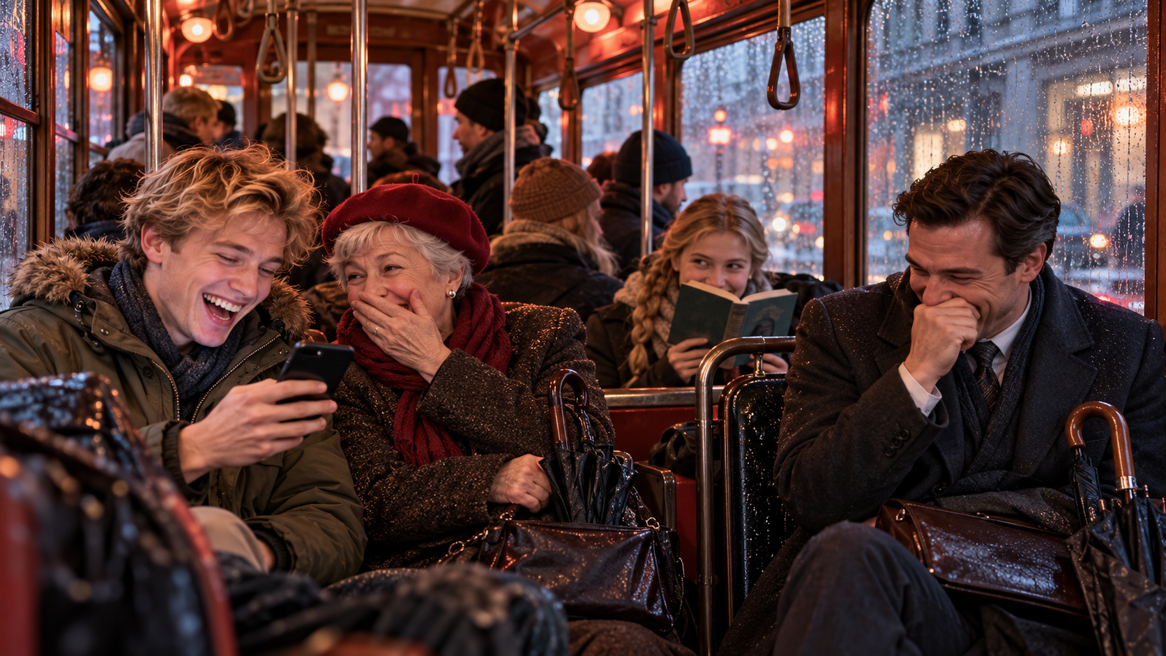 Smiles and laughter vocabulary — passengers of a crowded morning tram bursting into laughter together