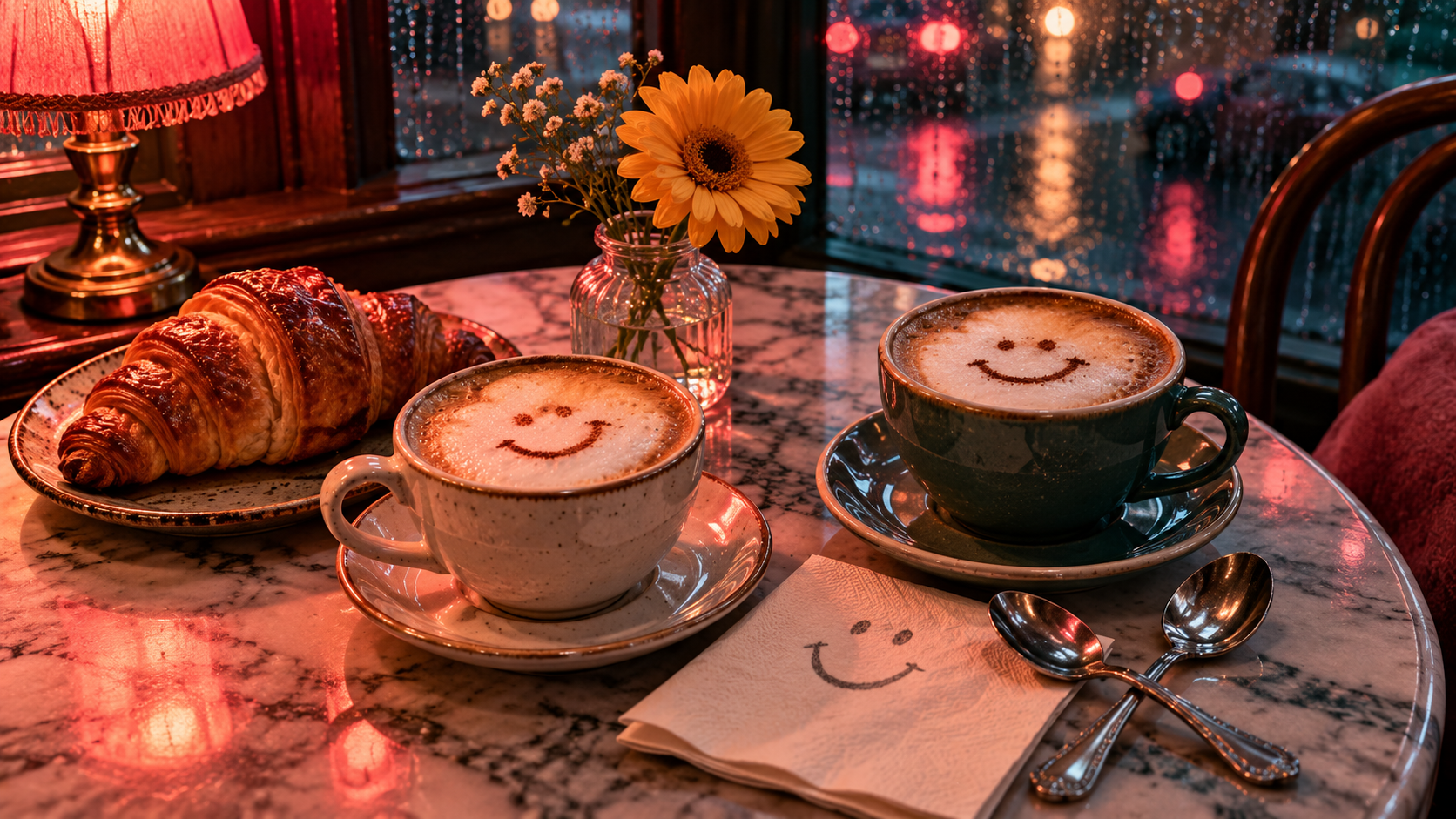 Smiles and laughter word building — two cappuccinos with smiling faces in the foam and a napkin with a doodled smile on a café table