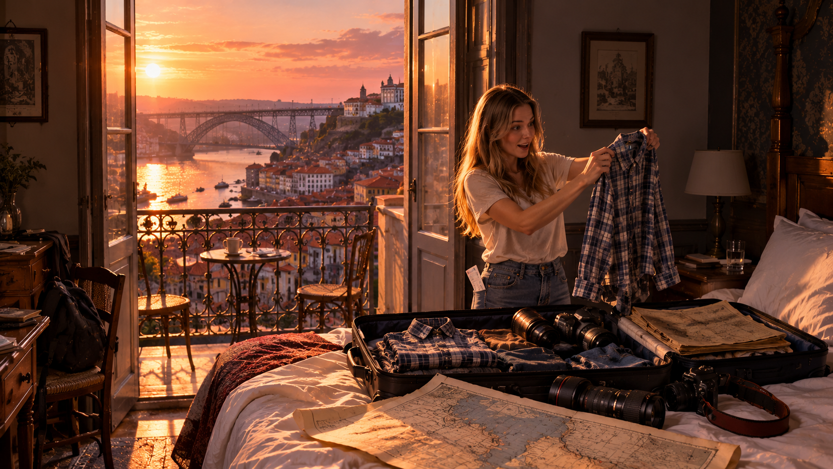 Unexpected meetings real test — a young woman in a hotel room staring at an open suitcase full of a stranger's shirts, camera lenses and old sea maps