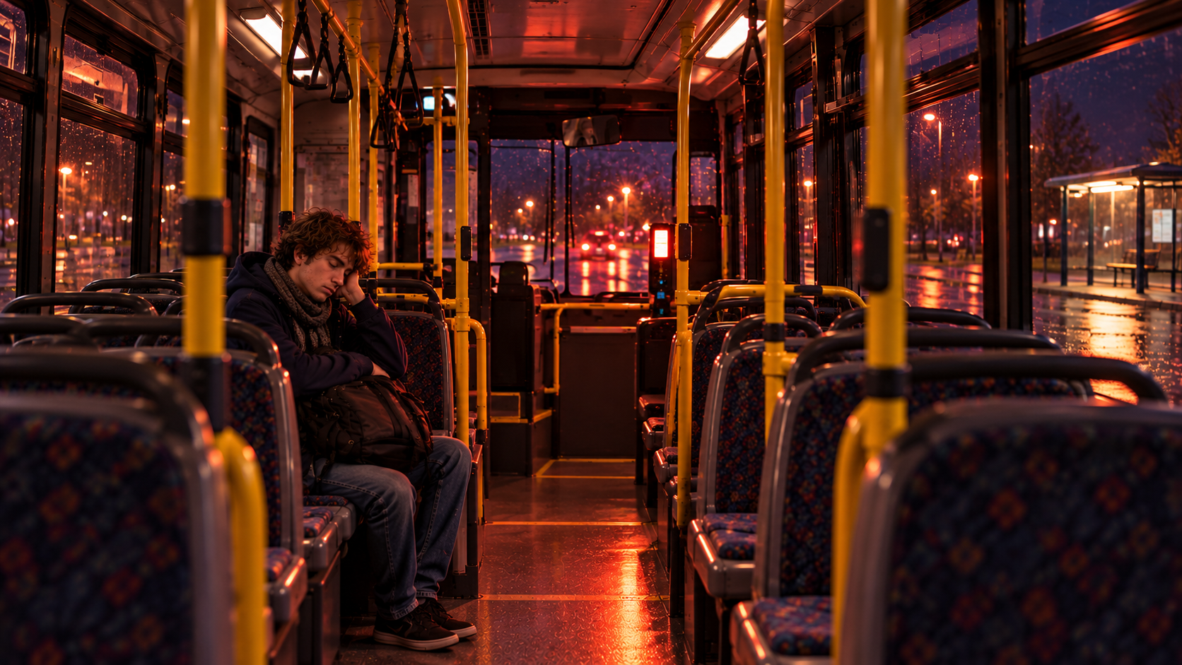 Unexpected meetings practice — a grey-haired bus driver smiling at a sleepy student at the last stop of a night bus