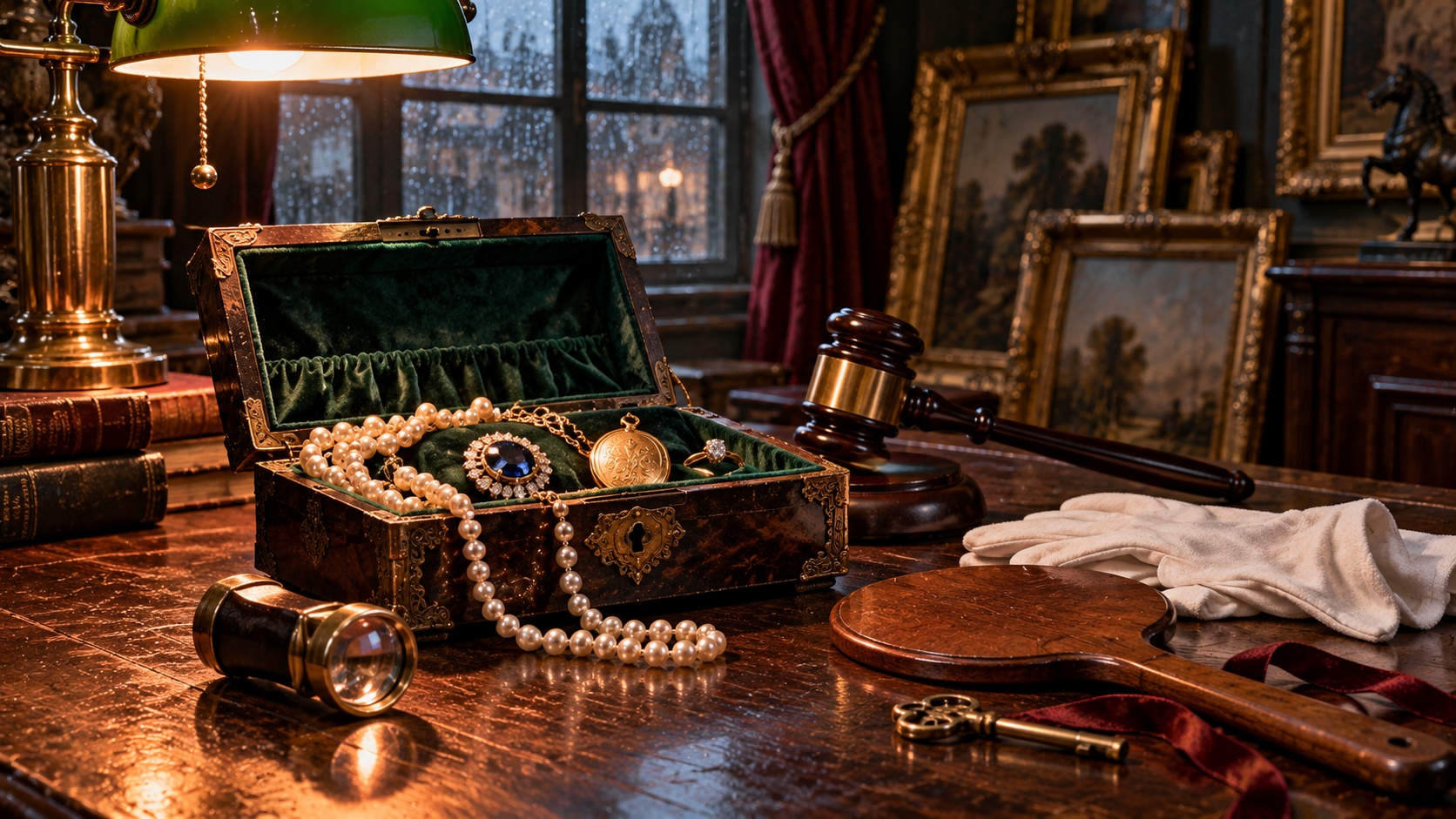 Unexpected meetings word choice — an old velvet jewellery box with family jewels, an auction paddle and a magnifying glass on a desk in an auction house