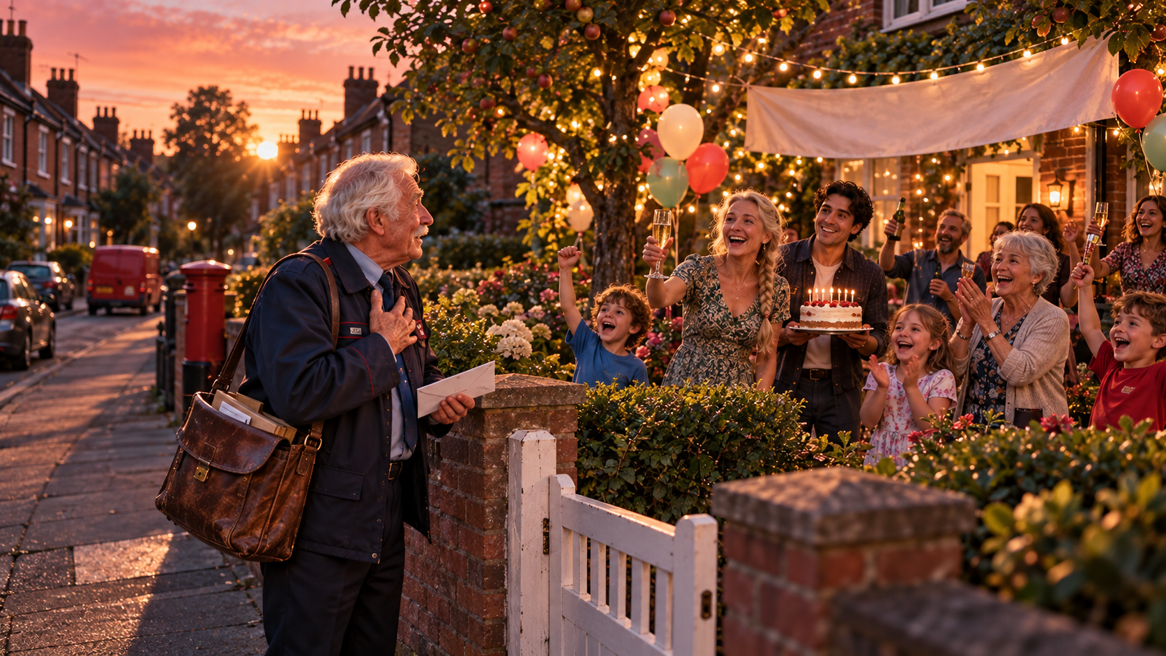 Special occasions real test — an old postman opening a garden gate as his neighbours jump out from behind the hedge with balloons and a banner