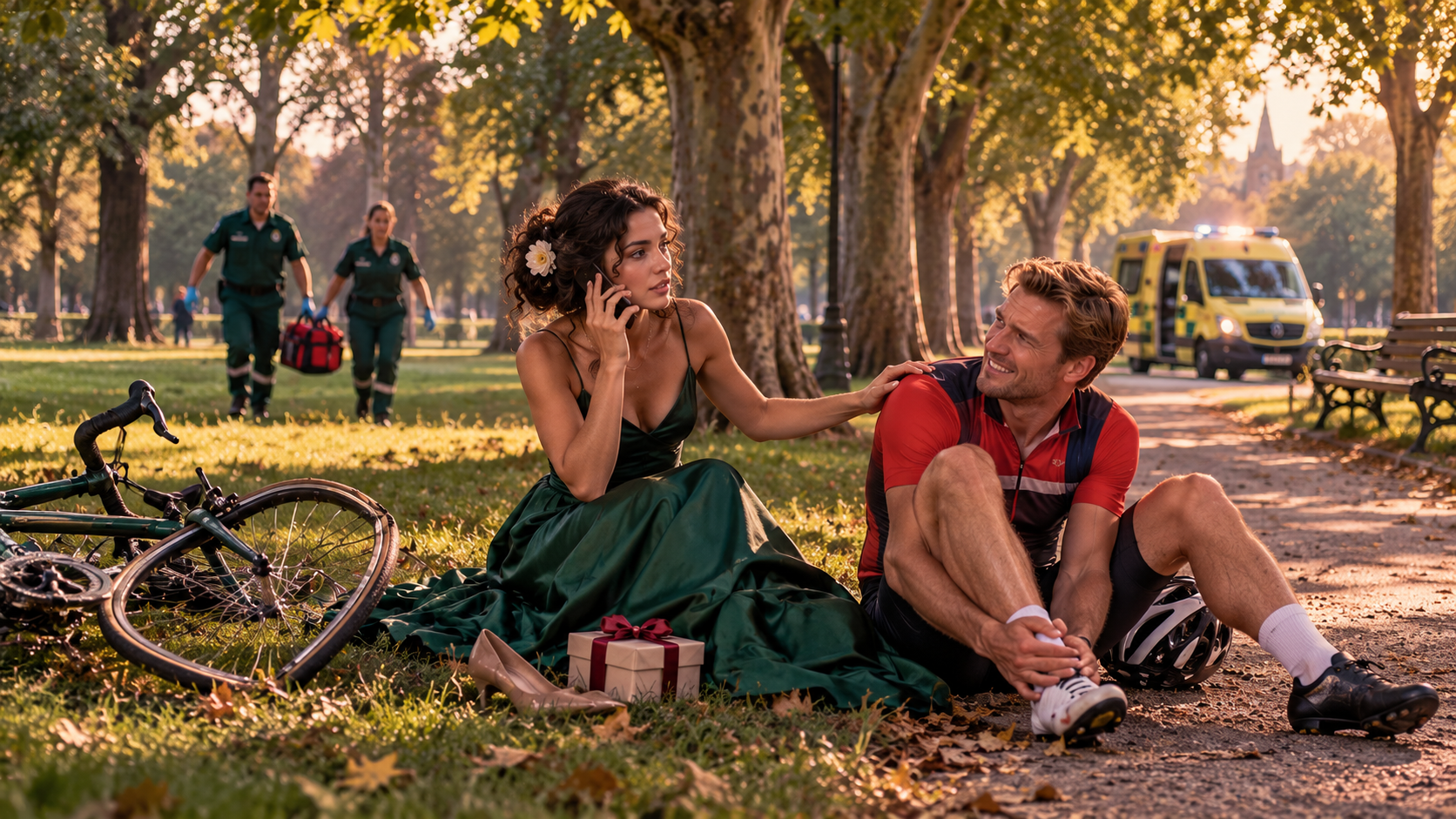 Special occasions practice — a young woman in a silk dress for a wedding sitting on a park path next to an injured cyclist as paramedics arrive