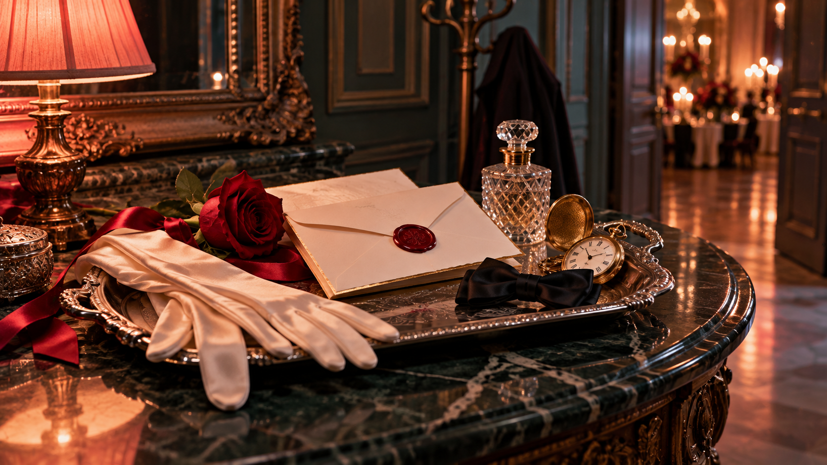 Special occasions word choice — an invitation card with a wax seal, white evening gloves, a pocket watch and a single rose on a silver tray