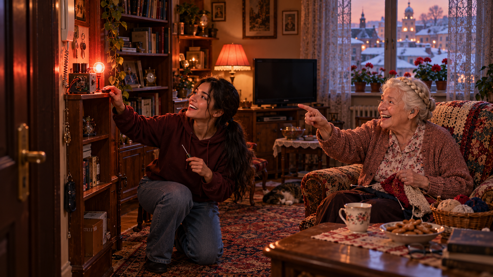 Learning and discovery real test — a young engineering student and her grandmother laughing as a lamp flashes when the doorbell rings