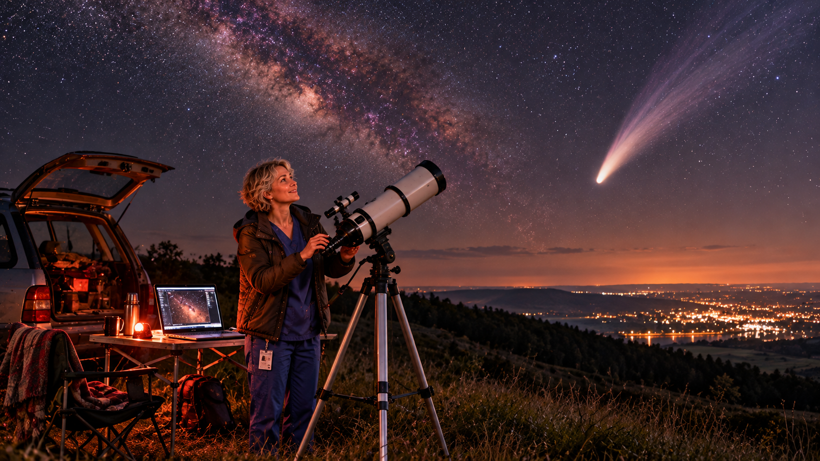Learning and discovery practice — a nurse with a telescope on a dark hill under a starry sky with a bright comet