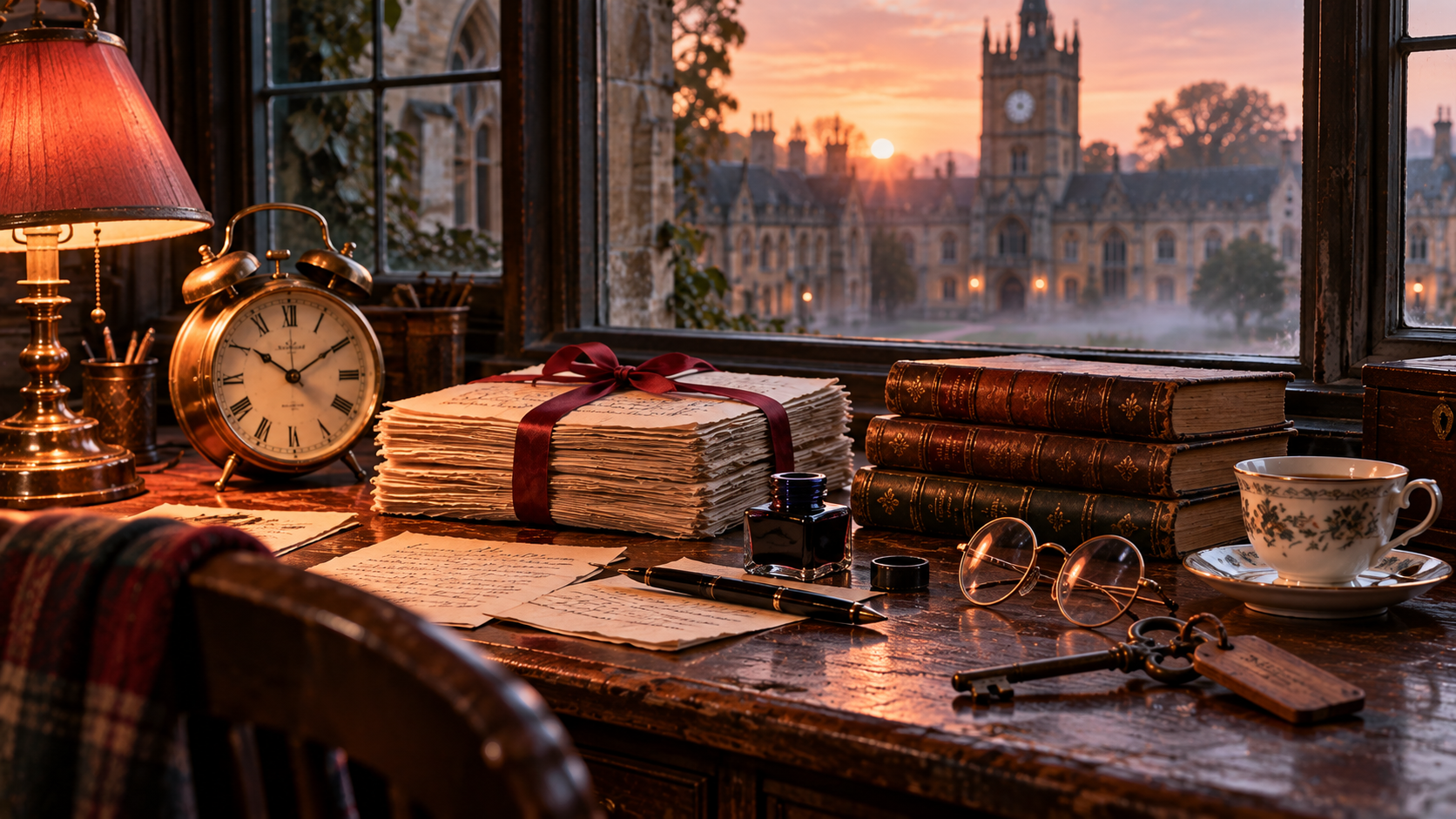 Learning and discovery word choice — an old brass alarm clock, a stack of handwritten essays tied with ribbon, a fountain pen and leather-bound poetry books on a college desk
